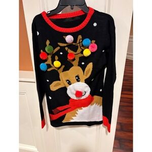Womens Black Reindeer Christmas Sweater Pom Poms Red Trim Size S